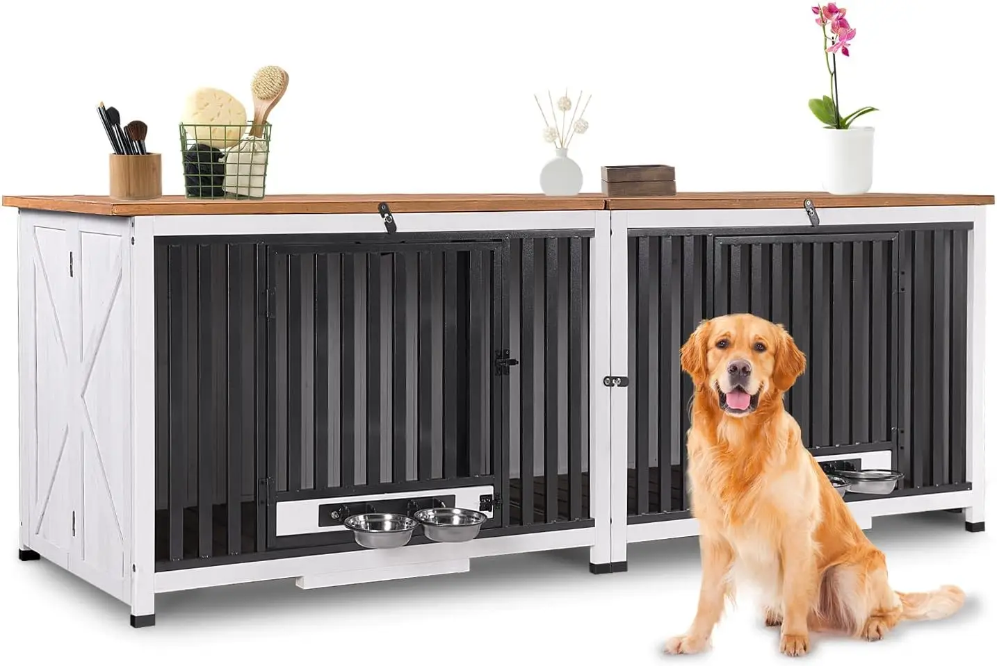 

Foldable Pet Crate with Rotating Bowls, Expandable & Chew-Resistant, 360° Access, Multi-Use Indoor