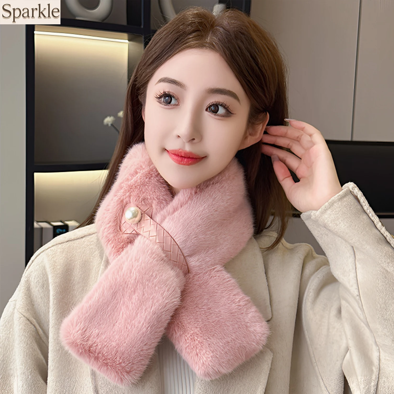 

Women's Faux Fur Scarf with Pearl and Woven Strap, Elegant Neck Wrap, Cold Weather Accessories, Warm, Winter Fashion