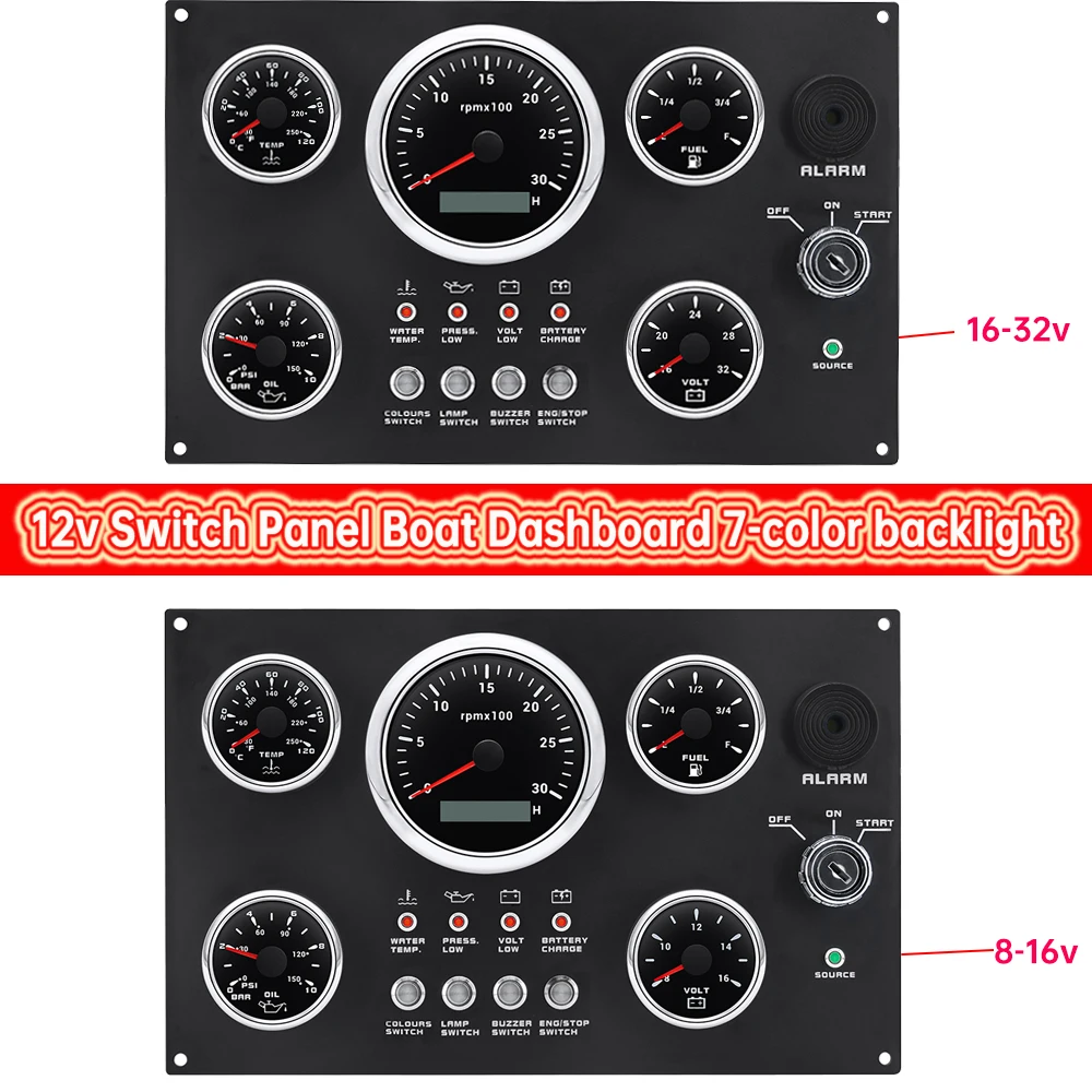 

7 LED Backlight Boat Dashboard 12v Switch Panel 3000rpm Tachometer with Water Temperature Oil Pressure 8-16v/16-32v Voltmeter