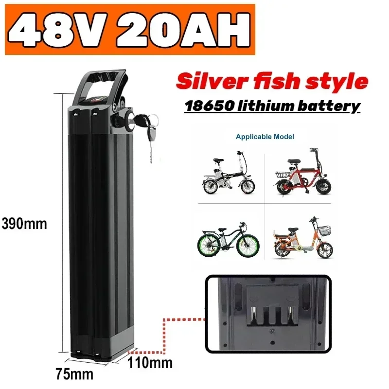 

48V 20AH Lithium Silver Fish Batterie Akku For 350W 500W 750W 1000W 18650 Li-ion Battery Pack