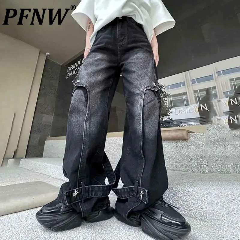 

PFNW New Niche Chic Men's Jeans Personality Ribbon Metal Decoration Patchwork Male Denim Pants 2024 Summer Streetwear 9C4495