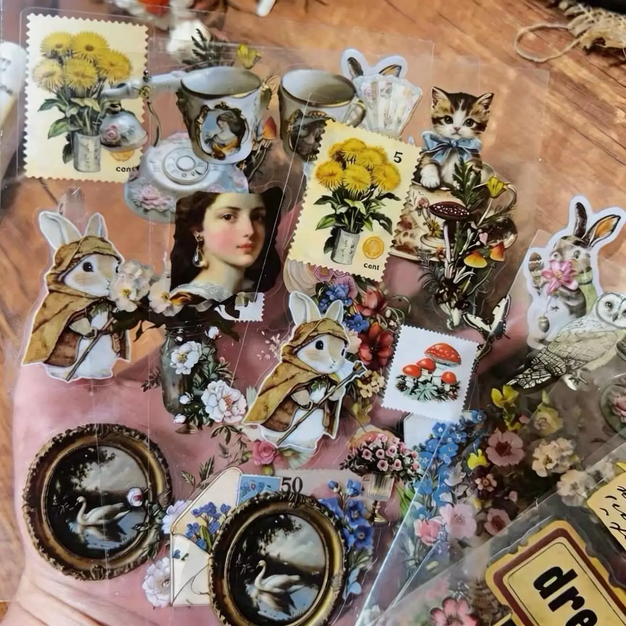 

8PCS Cartoon Retro Pastoral Aesthetic Waterproof Transparent Stickers DIY Hand Account Korean Collage Small Card Phone Cases