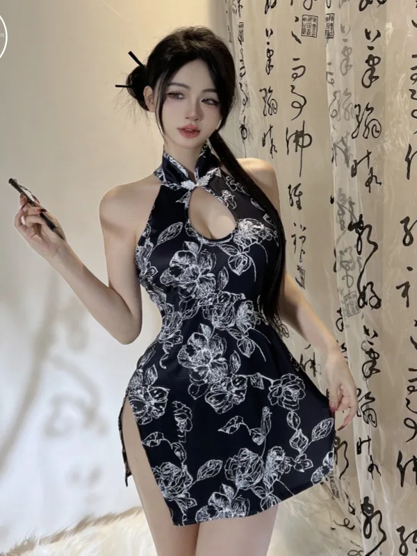 

Sexy Printed Qipao Sleepwear Slim Fit High Fork Ancient Style Hip Covering Underwear Dress Elegant Standing Collar WSZL