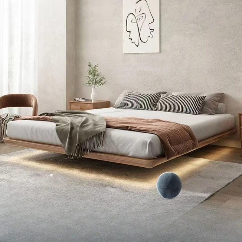 Flush edge light luxury suspended bed, no bedside tatami, minimalist suspended large double bed