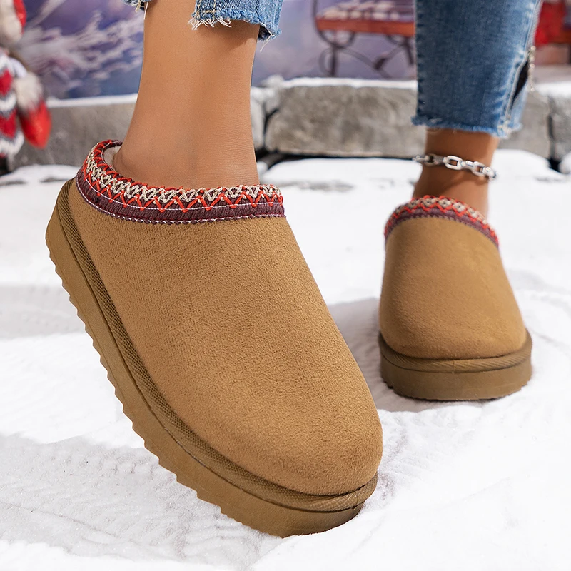 Women Snow Boots for Warm Suede Leather Boots Autumn Winter Slip On Platform Boats Close Toe Hair Half Slipper Cotton Shoes