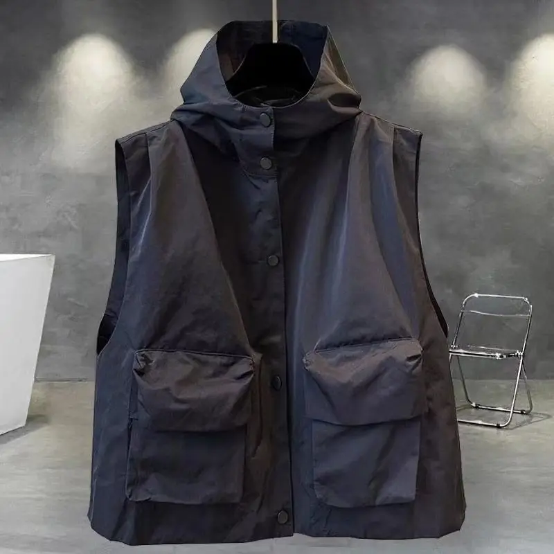 Korean Version Hooded Vest Coat for Women's Spring Autumn Double Pockets Working Clothes Casual Trendy Loose Tank Top