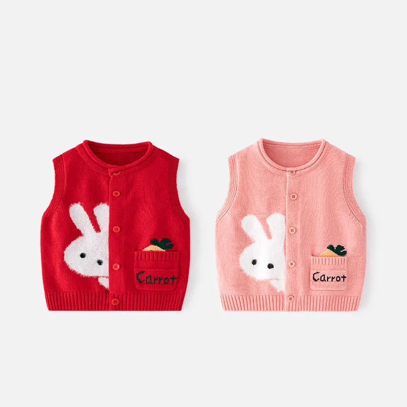 

Spring Autumn Toddler Girls Vest Rabbit Pit Striped Jacquard Letter Pocket Little Girls Waistwear Knitted Baby Girls Knitwear