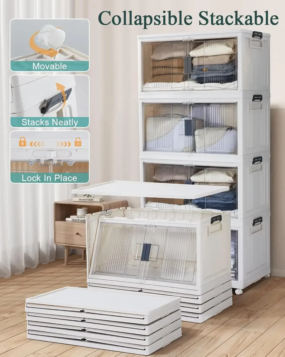 Stackable Storage Bins With Lids Folding Boxes Doors Wheels Collapsible Plastic Drawers Closets Organization Garage Five Pack Cu
