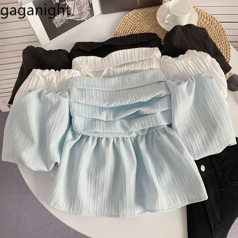 Gaganight Women French Bra Pleated One line Collar Off Shoulder Shirt Summer Strapless Puff Sleeve Short Shirt Top Female