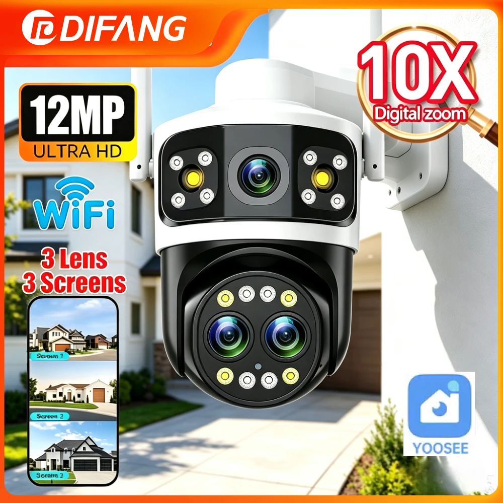 Yoosee Outdoor WiFi Security Camera 10xZoom 3 Lens 3 Screens AI Human Tracking PTZ IP Camera Audio-Visual Alarms CCTV