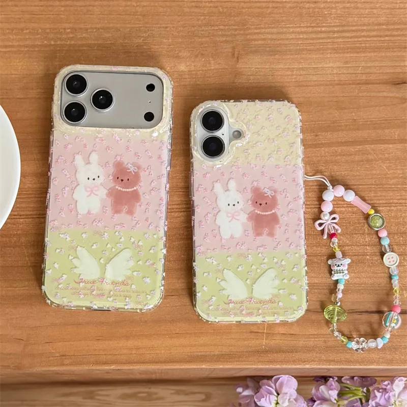

Korean Little Flower Cute Rabbit Bear Phone Case For iPhone 17 Pro 16 15 14 Pro Max Cover with Chain Shockproof Protective Cases