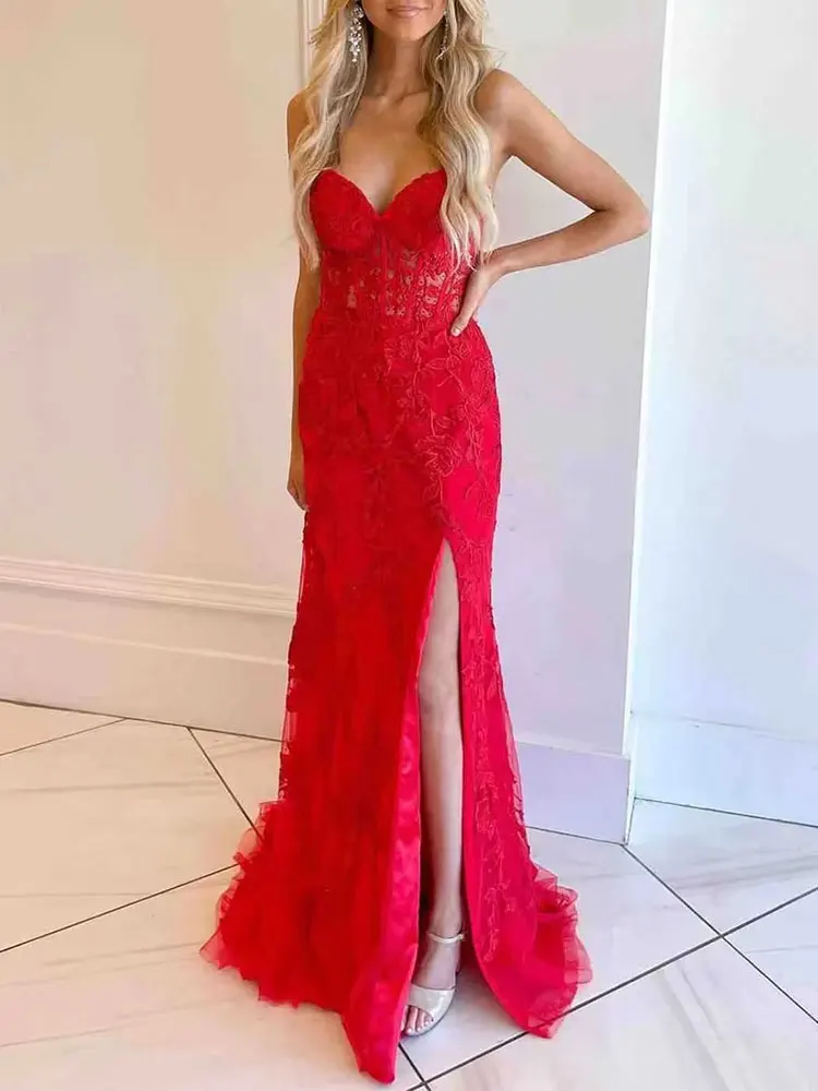 2024 Vestidos de fiesta de sirena sin tirantes de tul Apliques con cuello en forma de corazón Vestido de noche hasta el suelo Vestido de fiesta con cordones y abertura alta