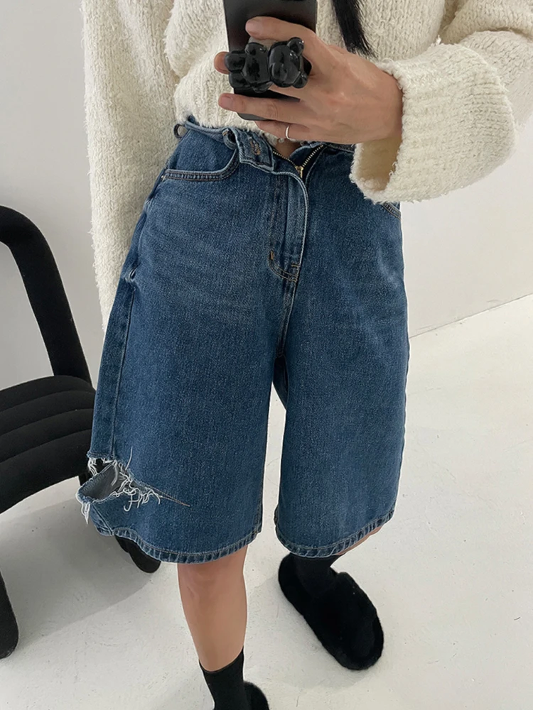 

Hole Straight Wide Leg Denim Shorts Women's Summer American Street Style Casual Loose High Waist A-Line Hot Girl Capris Female