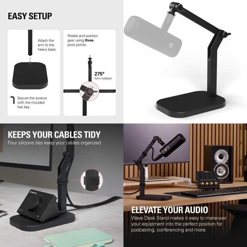 

Универсальное регулируемое настольное крепление для микрофонов — совместимо с Wave, Works, HyperX, Rode, iine и More, поддерживает 1/4, 3/8 и