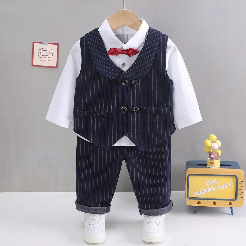 Conjunto de traje de caballero a cuadros para niños, camisa con corbata, pantalones, conjunto de tres piezas, vestido formal para bebés, 2024