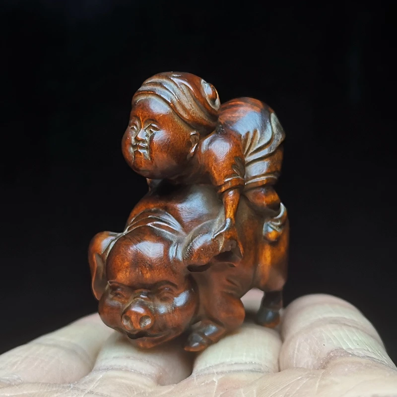 1919 Antique art Size 2 inch Old Japanese Boxwood hand carved lovely ride pig boy Statue Netsuke Gift