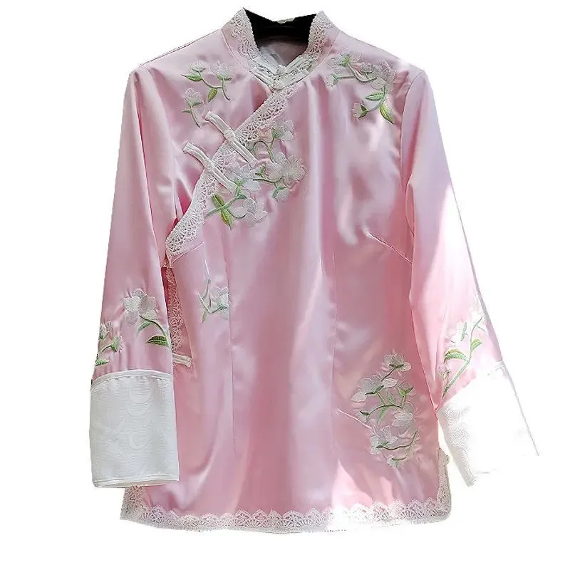 Chinese Cheongsam Tops Female Long Sleeve Stand Collar Shirt Lace Patchwork Floral Embroider Vintage Buckle Tang Suit Blouse