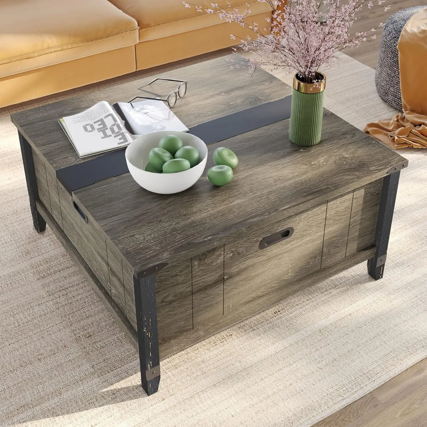 36 Inch Square Coffee Table with Large Hidden Storage Compartment, Wood Center Table Cocktail with Hinged Lift Top