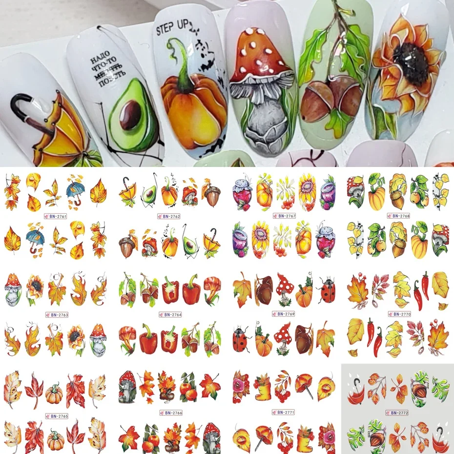 12pcs Autumn Maple Leaf Nail Sticker Pumpkin Fall Nail Decals Mushroom Water Transfer Slider Nail Decoration Foils Accessories