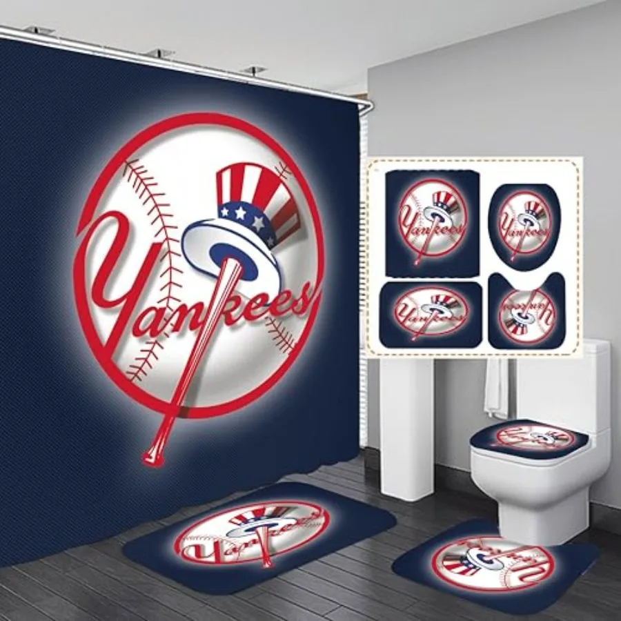 New York Baseball Bathroom 4 Pieces Set Shower Curtain Toilet Lid Cover and Bath Mat Non-Slip Rugs Durable and Waterproof for B