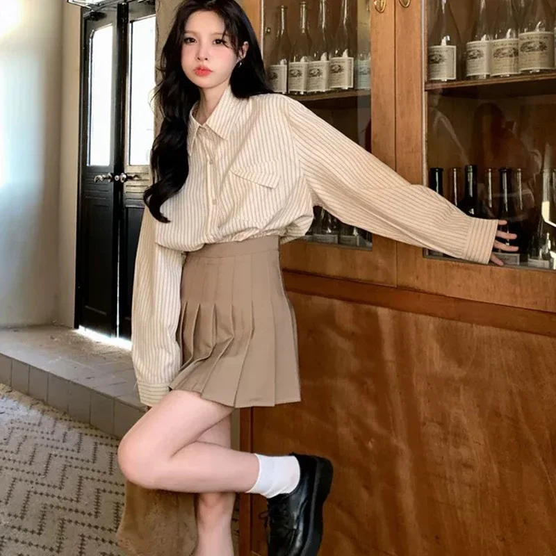 Korean Fashion Blue Striped Shirt Women 2025 Autumn Long Sleeve Loose Blouses Woman Chic Pocket Turn Down Collar Shirts Female