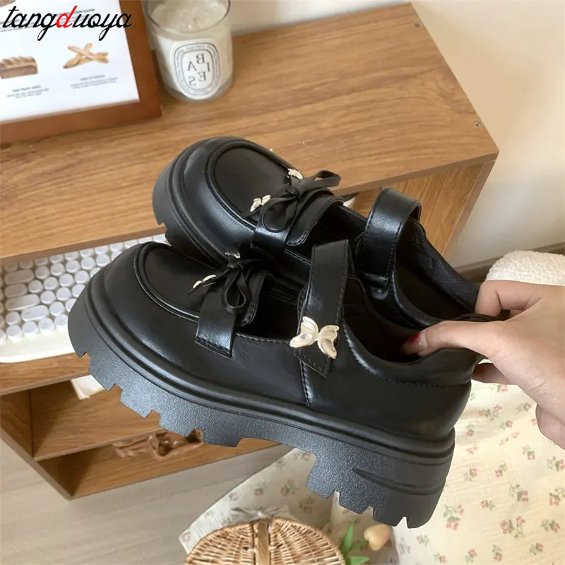 Preppy Style Lolita shoes Girl Kawaii Butterfly Design Cosplay Shoes Women Platform Loafers Designer Casual Leather Oxfords shoe