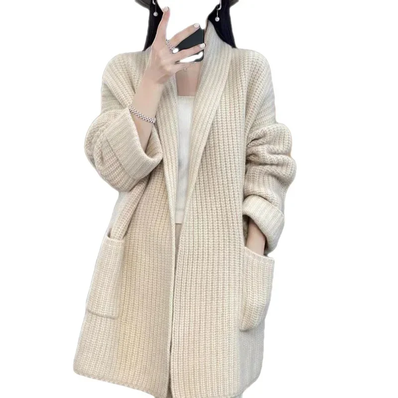 Sweater Jacket Women Cashmere Clothing Cardigan Middle Length Tops V-neck Woolen Sweater Loose Wool Knitted Coat Autumn Winter