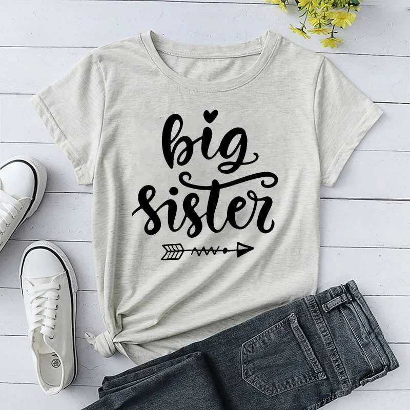 T-Shirts Women Short Sleeve Funny Cotton Round Neck Tee Shirt Casual Summer Tops Cute Big Sister Printed