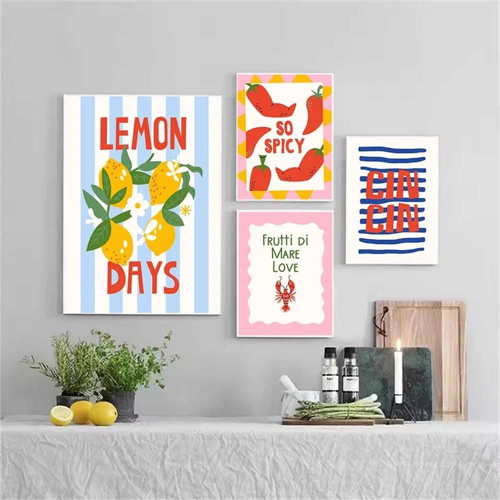 Trendy Wine Cheers Print Posters Retro Poster Pasta Night Food Print Painting Bar Cart Art Decor Maximalist Room Decor