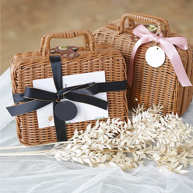 Cosmetics Sorting and Storage Box Woven Handbag Wedding Gift Box Accompanying Hand Gift Box Rattan Woven Storage Basket