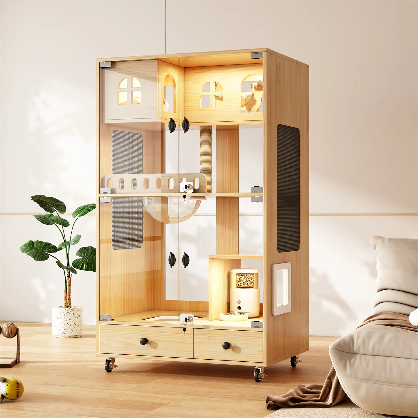 For Luxury Wooden Cat House with Integrated Litter Drawer, Spacious Indoor Cat Cage