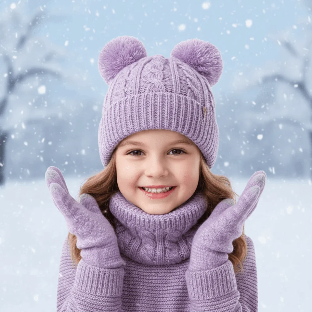 

Cute Pompom Baby Hat Scarf Gloves Set Warm Ears Thickened Toddler Knitted Hats with Velvet Multicolor Kids Hat Set Autumn Winter