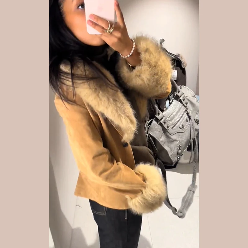 الشتاء المرأة سترة من جلد الغزال شيك انفصال الفراء طوق معطف نحيف واحدة الصدر جيب أبلى 2025 موضة جديدة سترات للسيدات #4