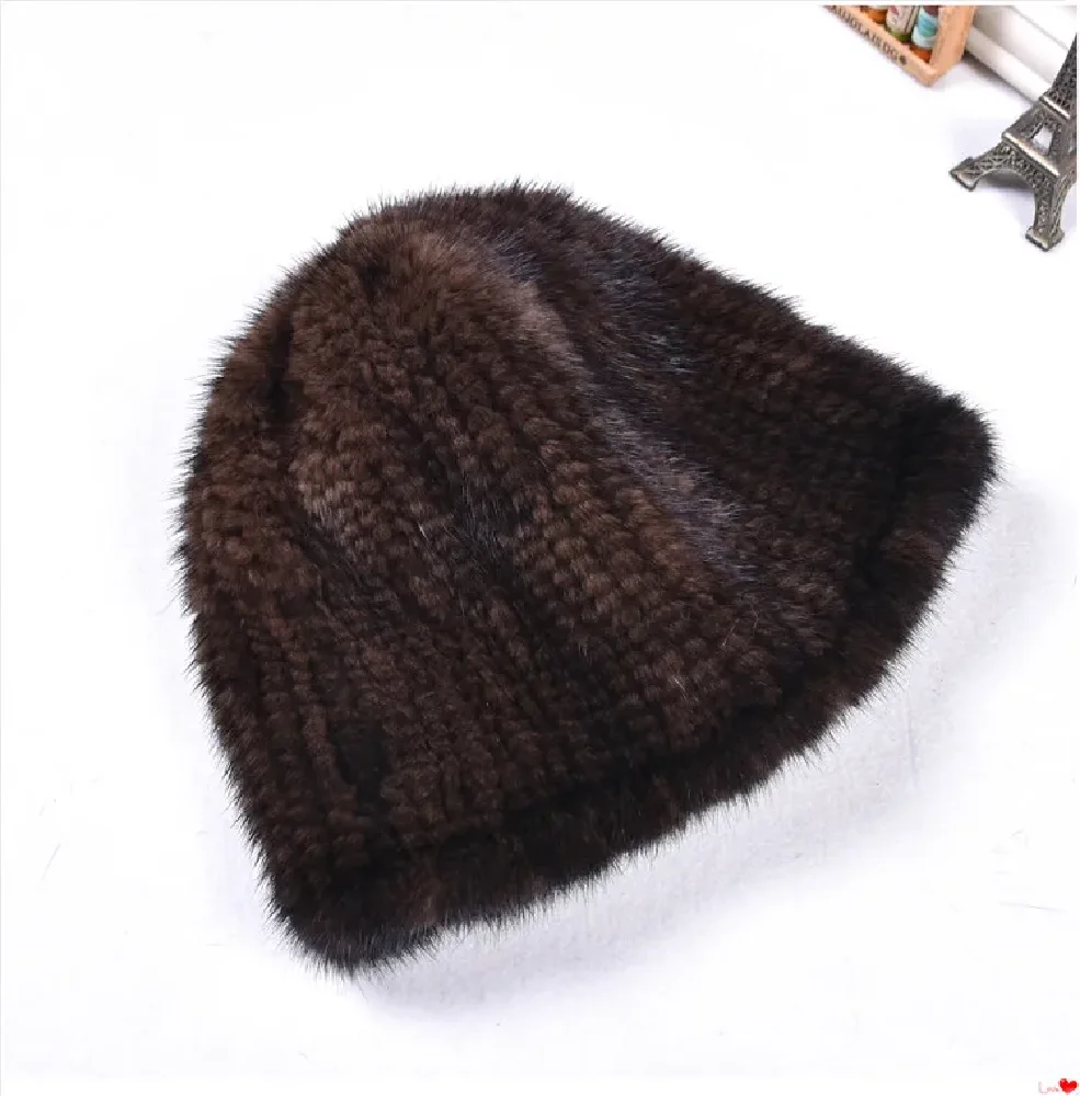 Men's Real Mink Fur Hat Winter Warm Beanie Cap Double Sides Headwear High Elastic Brown Black