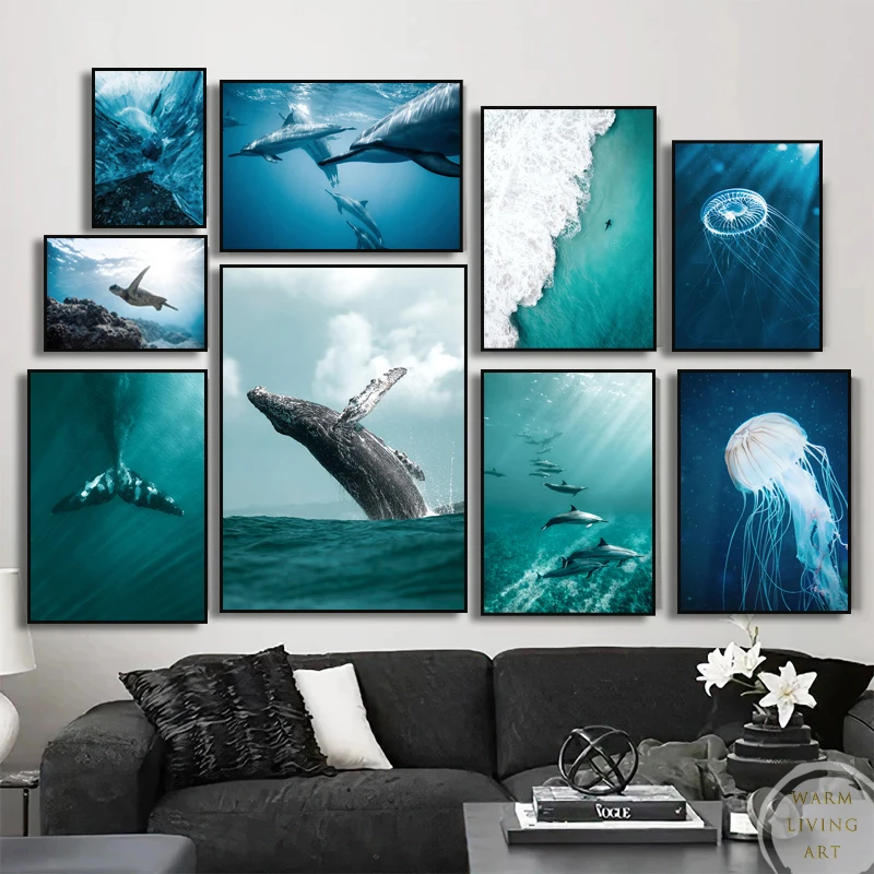 Nature Ocean Animal Whale Breaching Tail Dolphin Wall Art Canvas Painting Waves Seascape Turtle Poster Living Room Home Decor