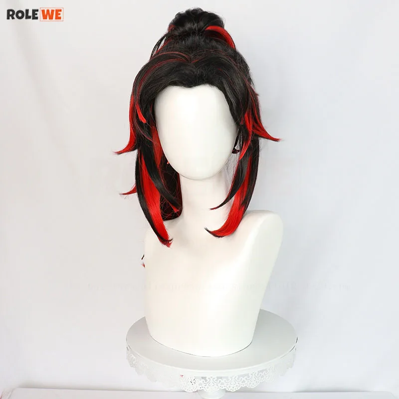 Tsugikuni Yoriichi Cosplay Wig Anime Long Black Red Mixed With Ponytail Heat Resistant Synthetic Hair Party Wigs + Wig Cap