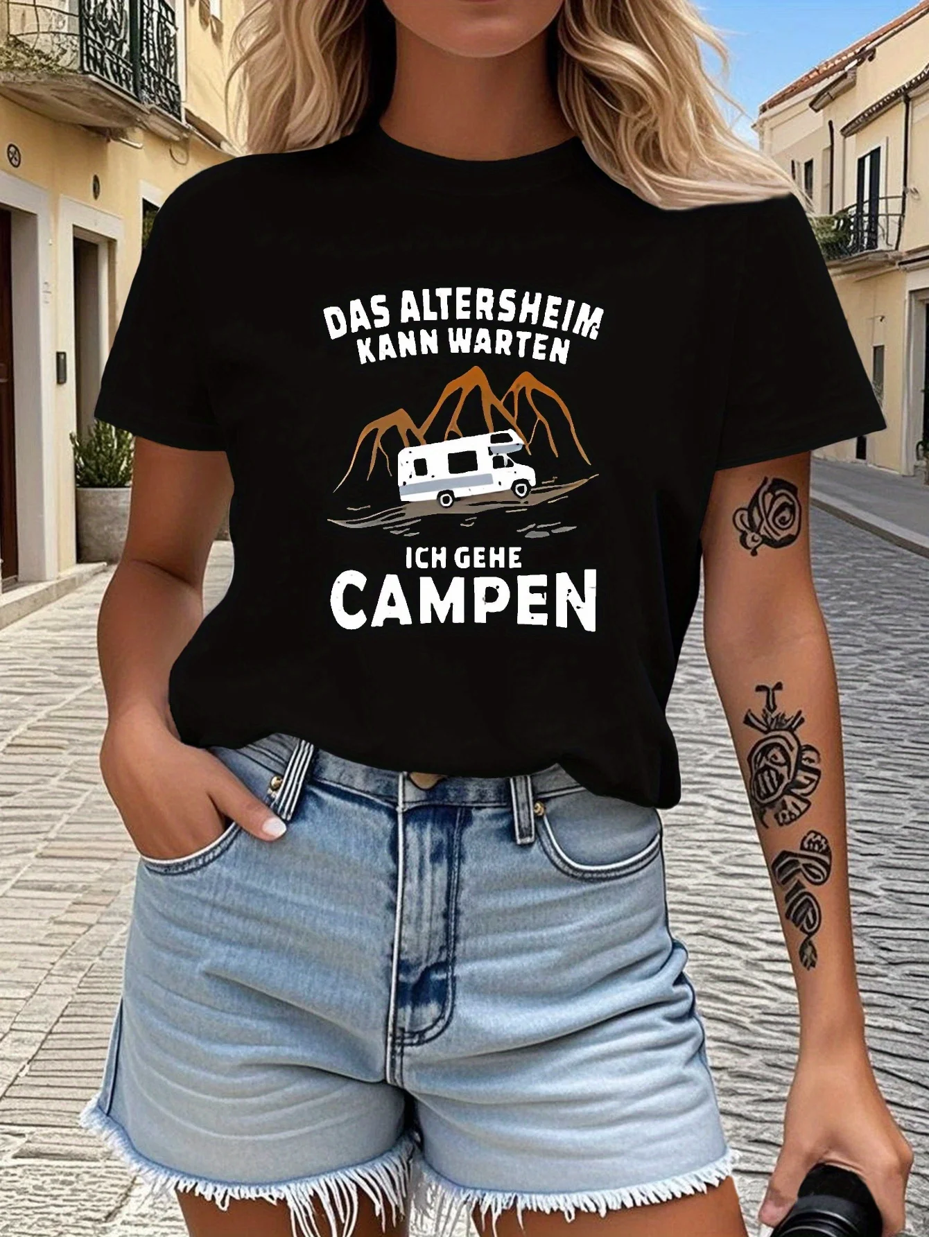 تي شيرت نسائي برسومات RV التخييم الألمانية الفكاهة مع تصميم شاحنة التخييم الجبلية Harajuku بأكمام قصيرة كاجوال #1