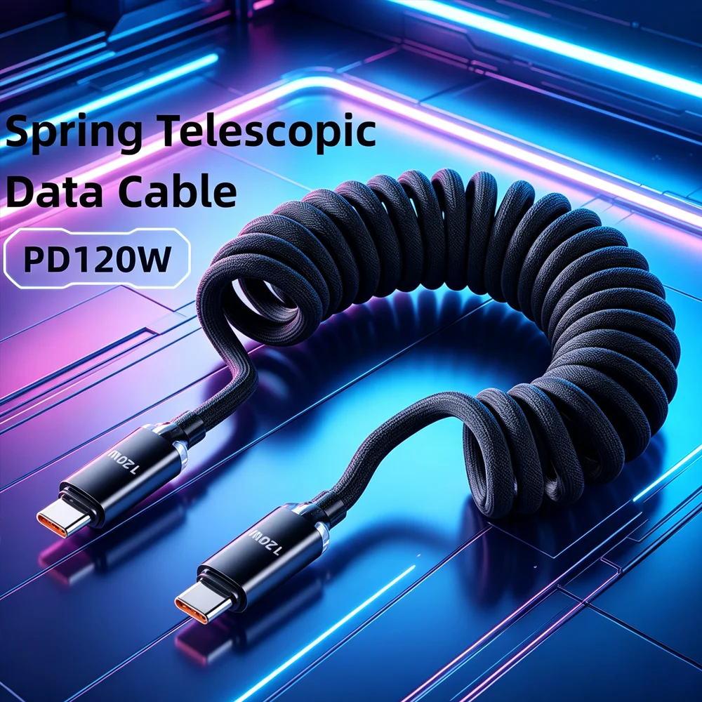 120W Spring USB Type C Cable Fast Charging For Huawei Xiaomi Mobile Phone Type C To USB C Cable For iPhone 15 16 Samsung Cable