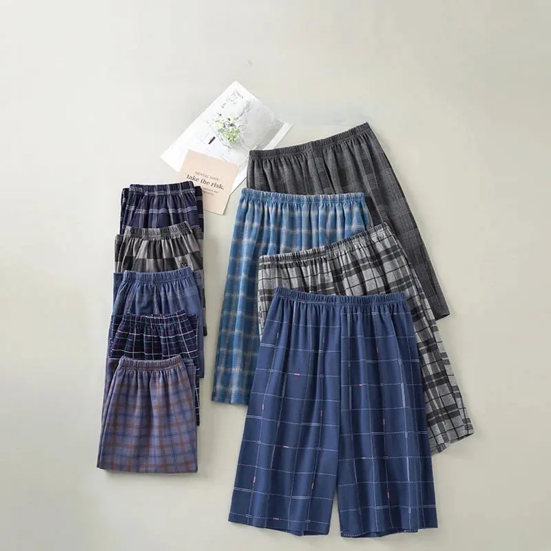 Summer New Cotton Plaid Pajama Pants Adluts Home Loose Cotton Pajama Men’s Sleep Bottom Elastic Waist Breathable Pj Pants Shorts