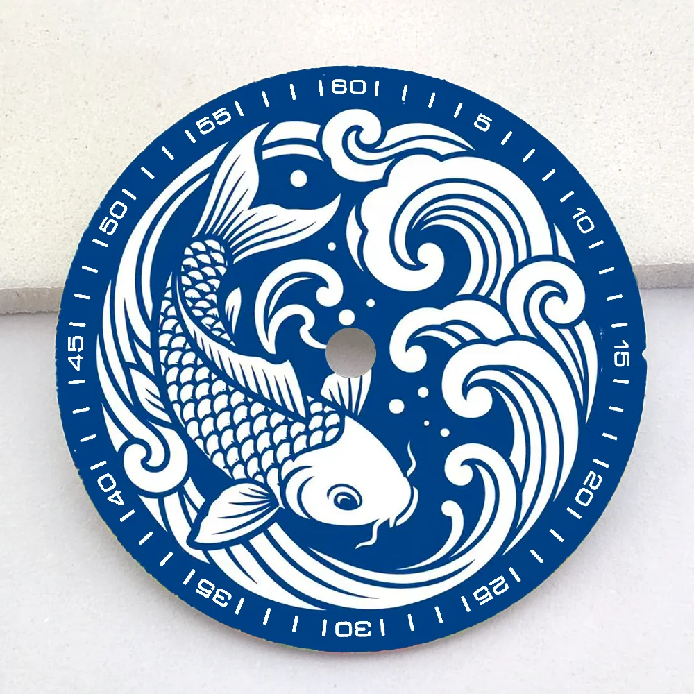 NH35 Dial 28.5mm Dial Silk Screen Dial Blue Fish Pattern Dial Watch Parts Replacement Accessories Men's Customized Watch Dial
