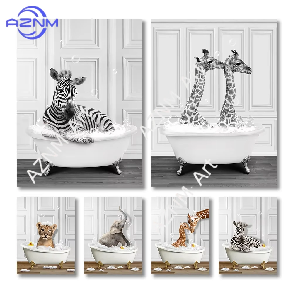 1 Stück Lustige Tier-Wandkunst Poster Drucke Badende Giraffe Pinguin Elefant Leinwandgemälde Bild für Badezimmer Wohnzimmer Heim-Dekoration