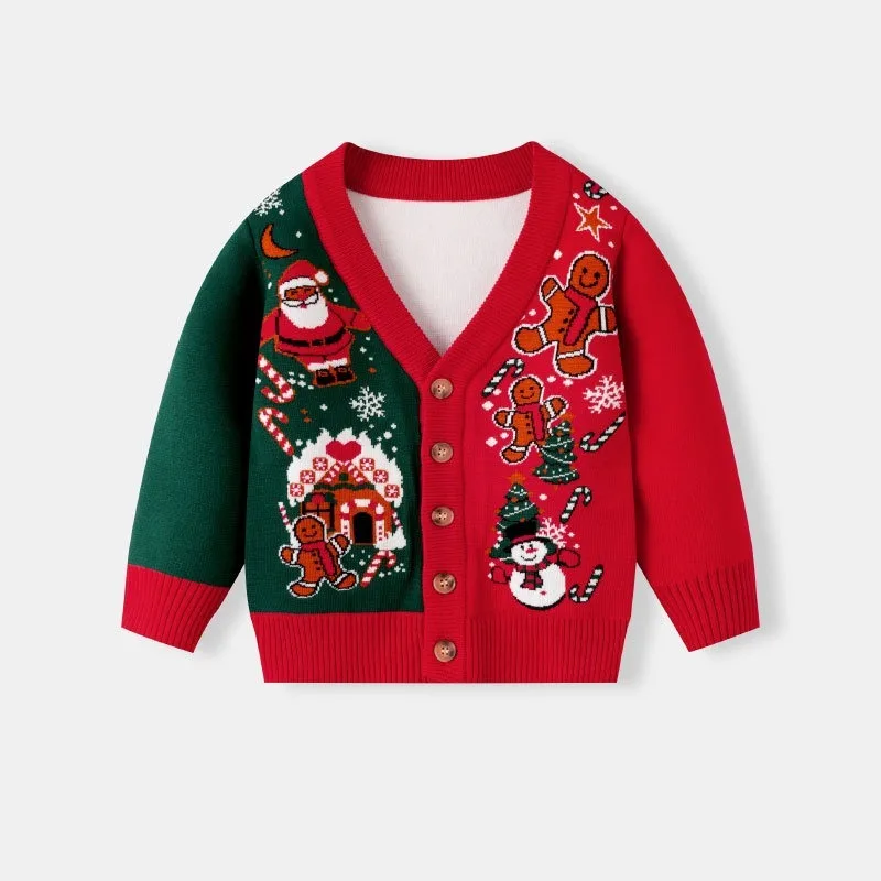 

New Christmas Cosplay Costume Cartoon Printed Snowman Santa Claus Long Sleeves Sweater for Boys Girls Knitted Cardigan