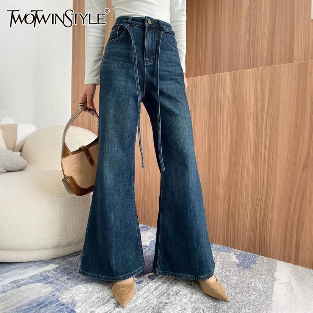 TWOTWINSTYLE Darkblue Spliced Lace Up Trousers Female High Waist Slimming American Retro Women's Wide Leg Pants Autumn Fashion