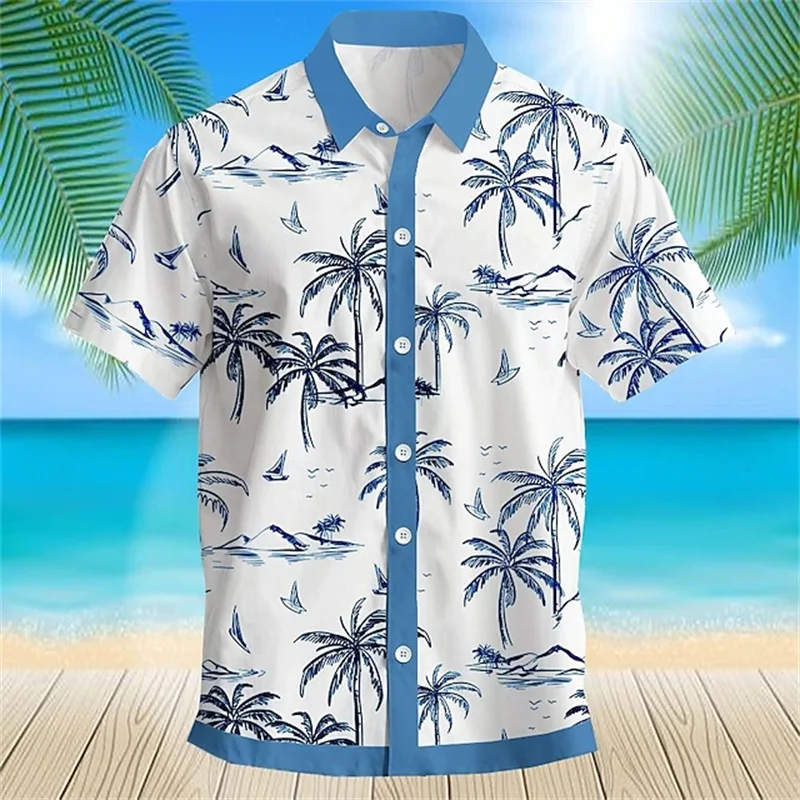 2024 New Men\'s Temperament Fashion Hawaiian Shirt Beach Coconut Printed Shirt T-Shirt Lapel Button Ocean Large Size Short Sleeve