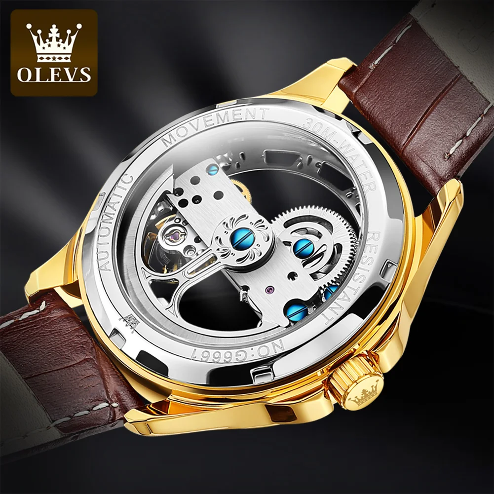 OLEVS Mechanical Men Watch Luxury Hollow out Skeleton Waterproof Leather strap Business Fashion Watch for Men Relogio Masculino