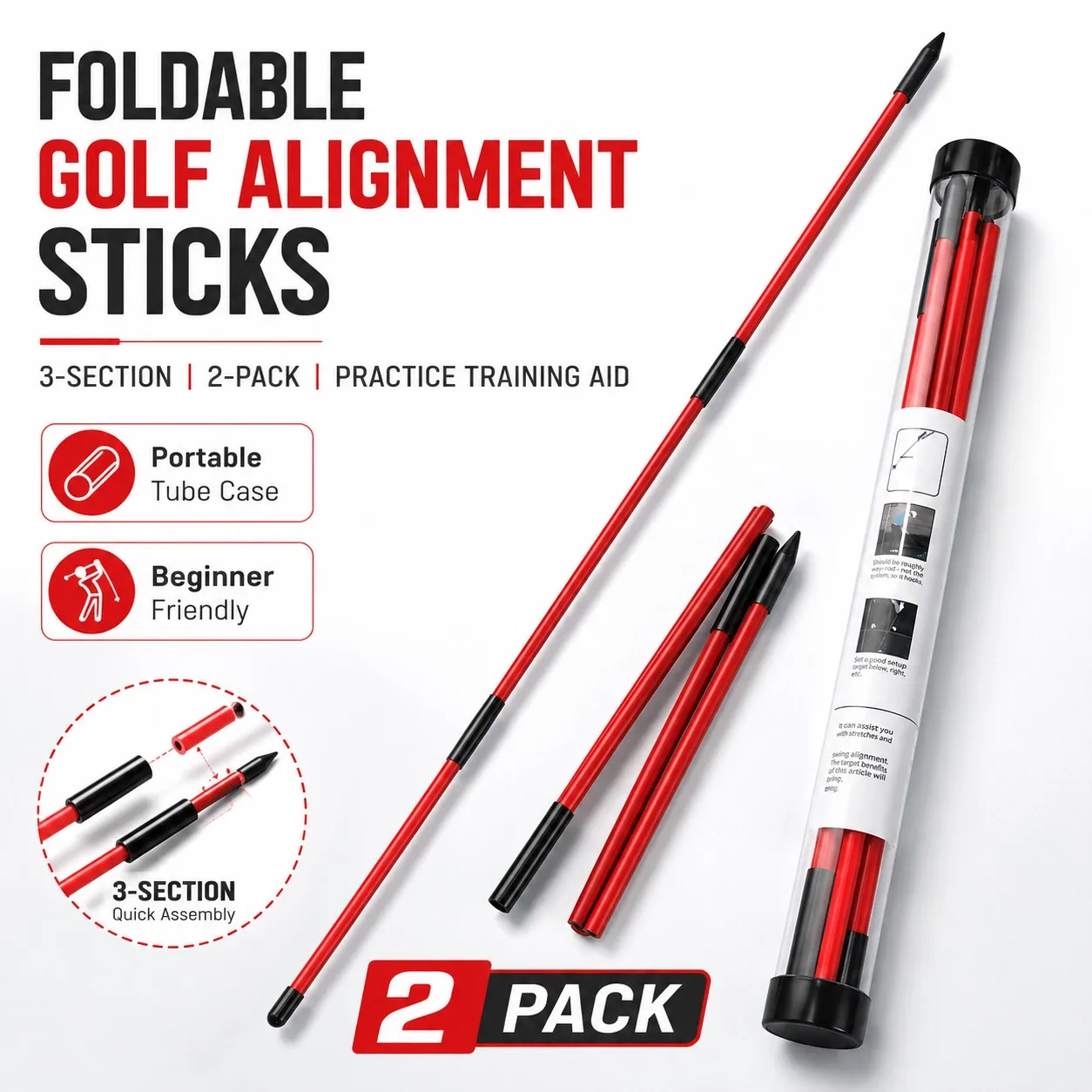 Golf Alignment Sticks 3 Section Foldable Swing Trainer for Putting Setup Practice Beginner Aid