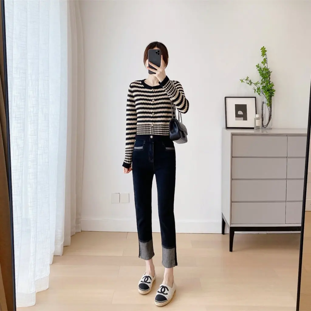 

Женский элегантный полосатый вязаный кардиган в стиле ретро, пальто с круглым вырезом и коротким длинным рукавом для осенне-зимнего баланса