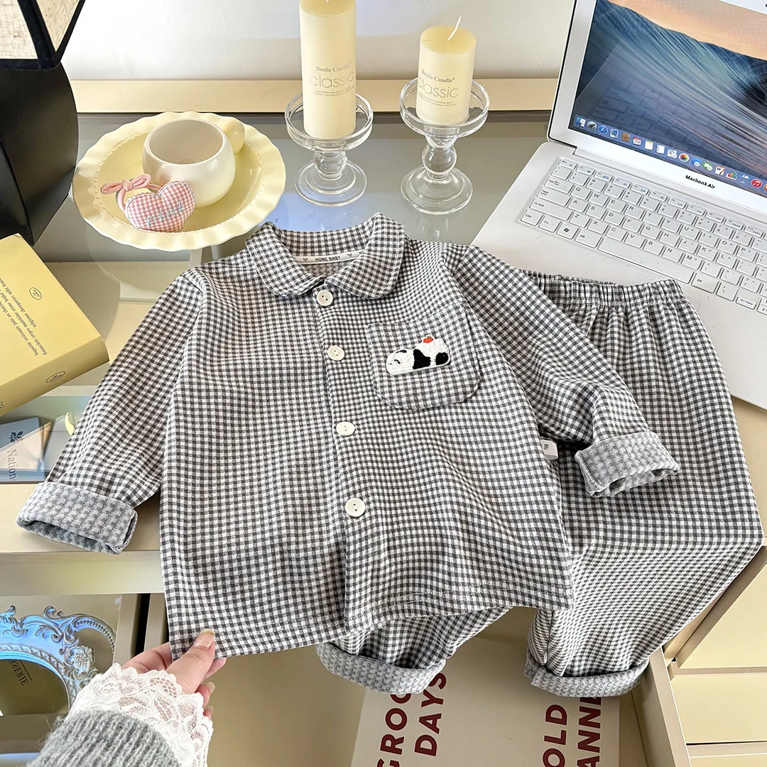 New 2026 Boys Girls Spring Pajamas Set Kids Casual Plaid Long Sleeve Lapel Cartoon Embroidery Homewear Pyjamas Youth Sleepwear