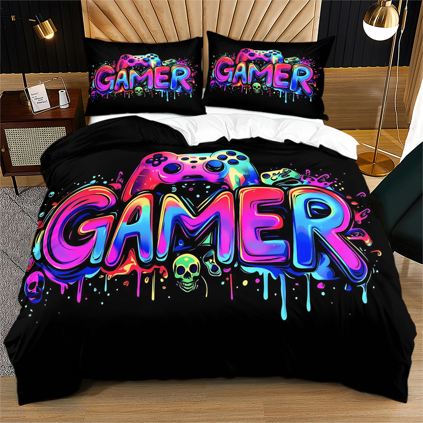 Color Gradient Drip Graffiti Gamer Skull Gamepad Full Print Duvet Cover Set Modern E-Sports Duvet & Pillowcase Set