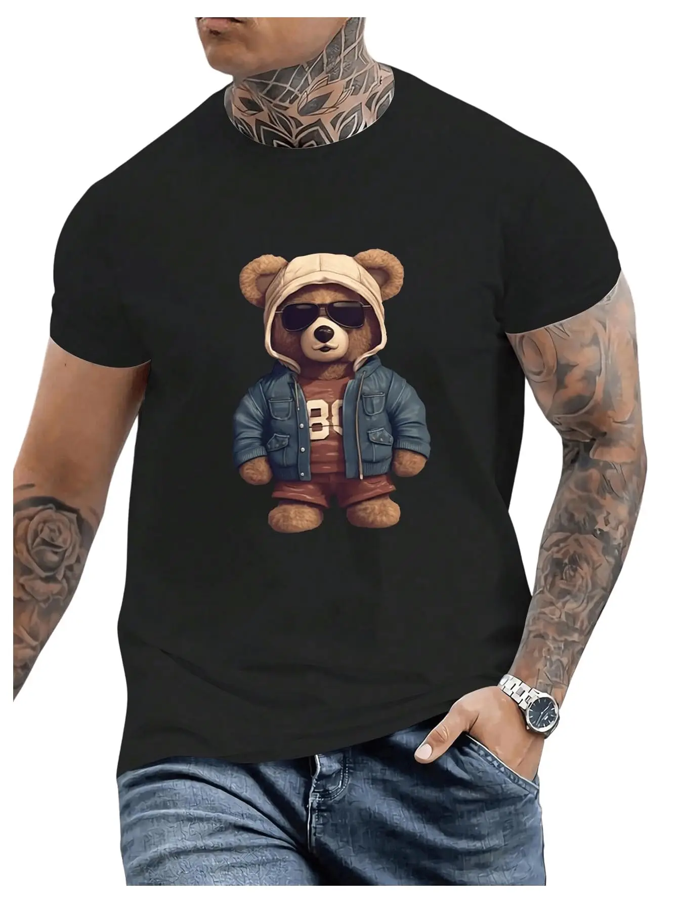 Men's Bear Graphic Tees Summer Short Sleeve Crewneck Funny T-ShirtsCartoon Printing  vintage Luxury oversizedAnime Graph